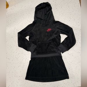 Kids Black Nike Velvet Long Sleeve Dress with Hood- Hot Pink Logo